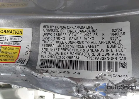 2024 Honda Civic Sport из США, поврежденный, VIN 2HGFE2F55RH559841